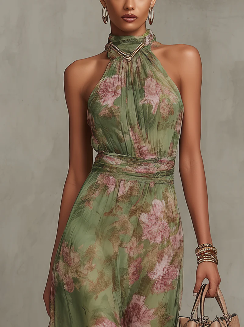 Livia | Maxi Abito Floreale con Scollatura Halter - Eleganza e Stile per Ogni Occasione!