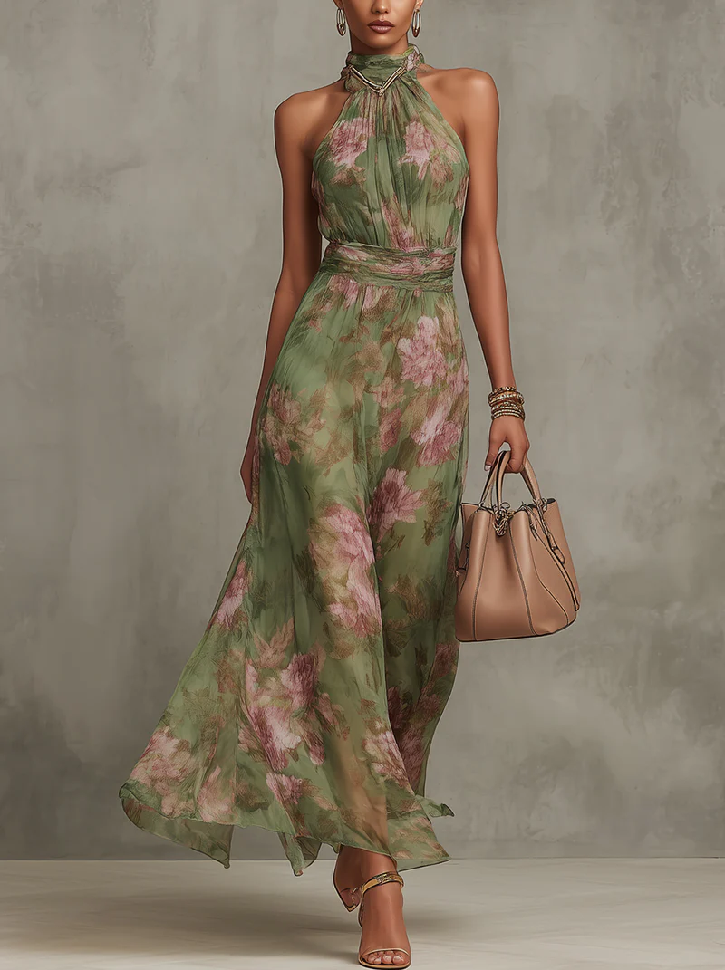 Livia | Maxi Abito Floreale con Scollatura Halter - Eleganza e Stile per Ogni Occasione!