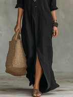 Soline™ | Abito Maxi Nero Lungo con Bottoni - Eleganza Senza Tempo