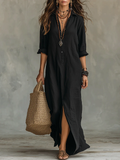Soline™ | Abito Maxi Nero Lungo con Bottoni - Eleganza Senza Tempo