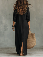 Soline™ | Abito Maxi Nero Lungo con Bottoni - Eleganza Senza Tempo