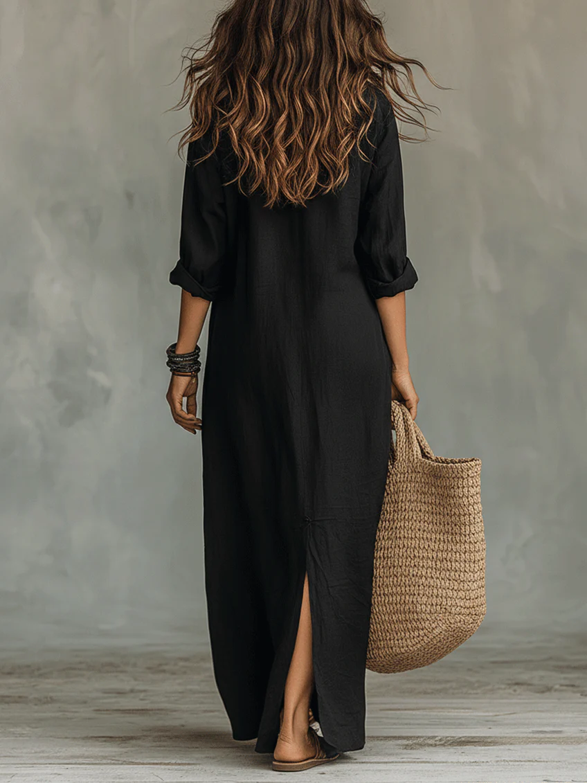 Soline™ | Abito Maxi Nero Lungo con Bottoni - Eleganza Senza Tempo