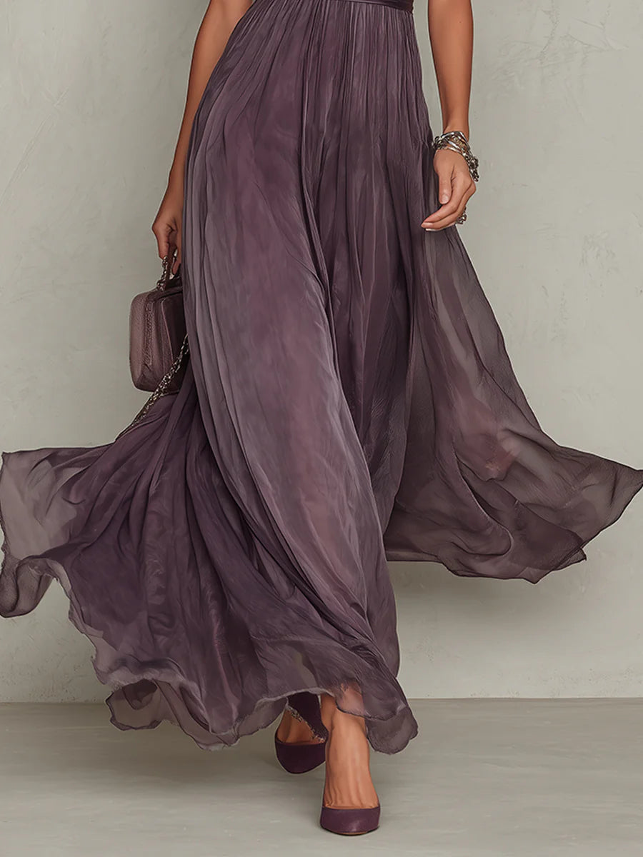 Flavia - Abito Lungo Viola con Scollo a Goccia e Dettagli in Pizzo Chiffon | Eleganza e Stile