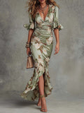 Ana - Abito Lungo Asimmetrico in Satin Verde con Scollatura a V - Eleganza Unica per Ogni Occasione!