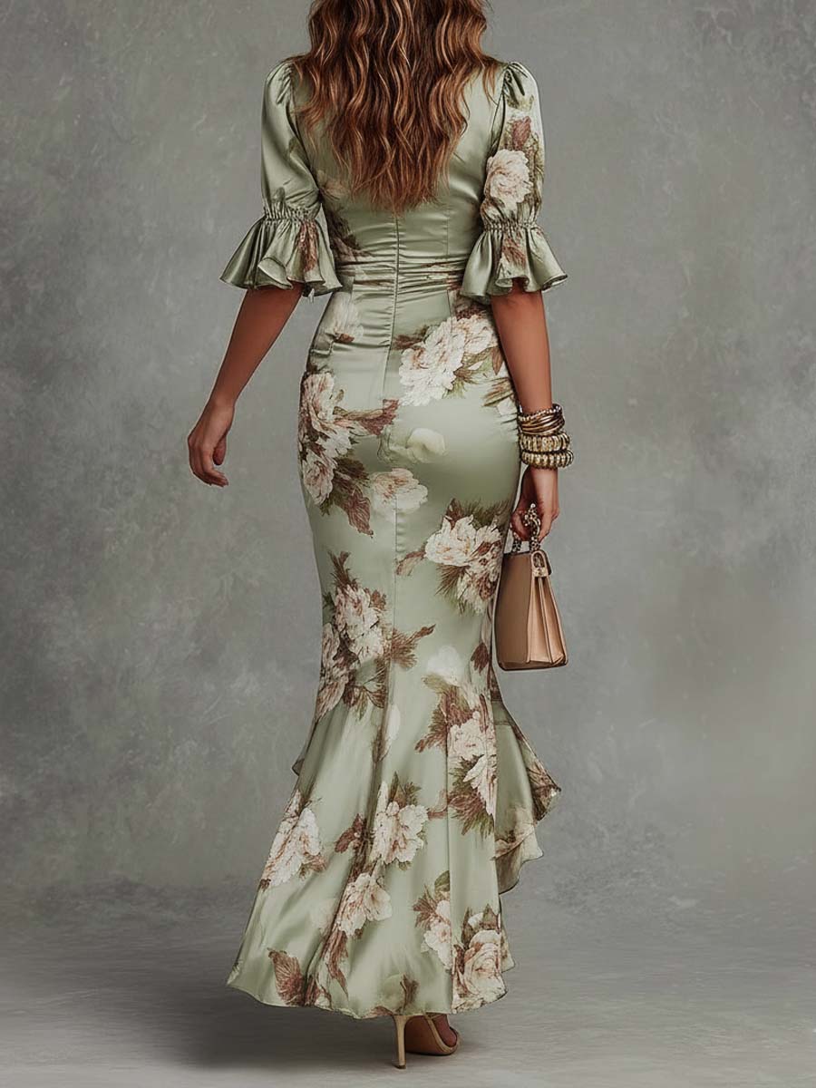Ana - Abito Lungo Asimmetrico in Satin Verde con Scollatura a V - Eleganza Unica per Ogni Occasione!