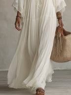 Celeste | Abito Lungo in Chiffon Avorio con Maniche a Pipistrello e Dettagli in Pizzo Bianco - Eleganza Senza Tempo
