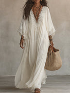 Celeste | Abito Lungo in Chiffon Avorio con Maniche a Pipistrello e Dettagli in Pizzo Bianco - Eleganza Senza Tempo