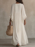 Celeste | Abito Lungo in Chiffon Avorio con Maniche a Pipistrello e Dettagli in Pizzo Bianco - Eleganza Senza Tempo