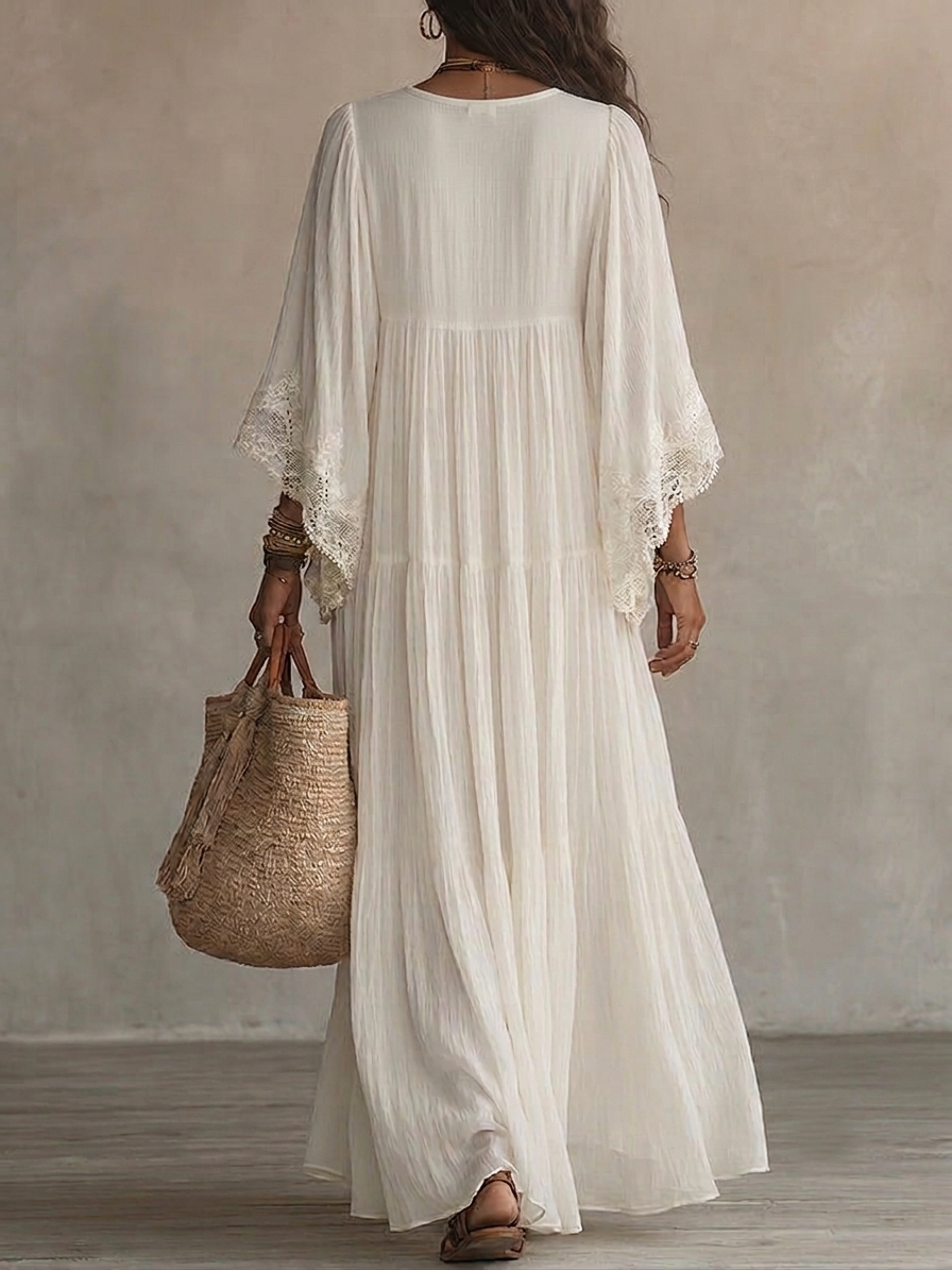 Celeste | Abito Lungo in Chiffon Avorio con Maniche a Pipistrello e Dettagli in Pizzo Bianco - Eleganza Senza Tempo