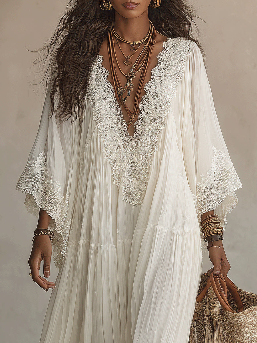 Celeste | Abito Lungo in Chiffon Avorio con Maniche a Pipistrello e Dettagli in Pizzo Bianco - Eleganza Senza Tempo
