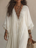 Celeste | Abito Lungo in Chiffon Avorio con Maniche a Pipistrello e Dettagli in Pizzo Bianco - Eleganza Senza Tempo