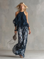 Ludovica | Set Chic in Chiffon con Top a Collo Alto e Pantaloni Larghi Stampati - Eleganza e Comfort