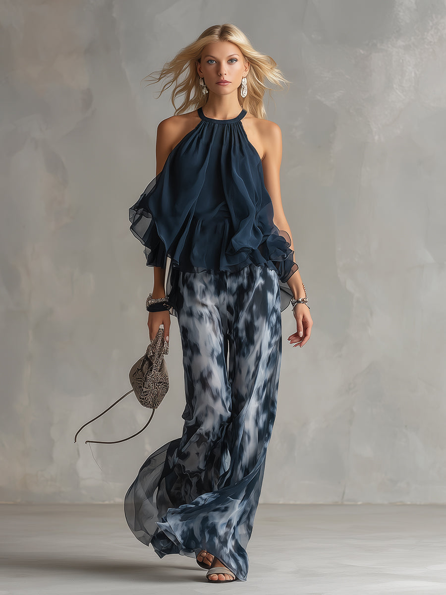Ludovica | Set Chic in Chiffon con Top a Collo Alto e Pantaloni Larghi Stampati - Eleganza e Comfort