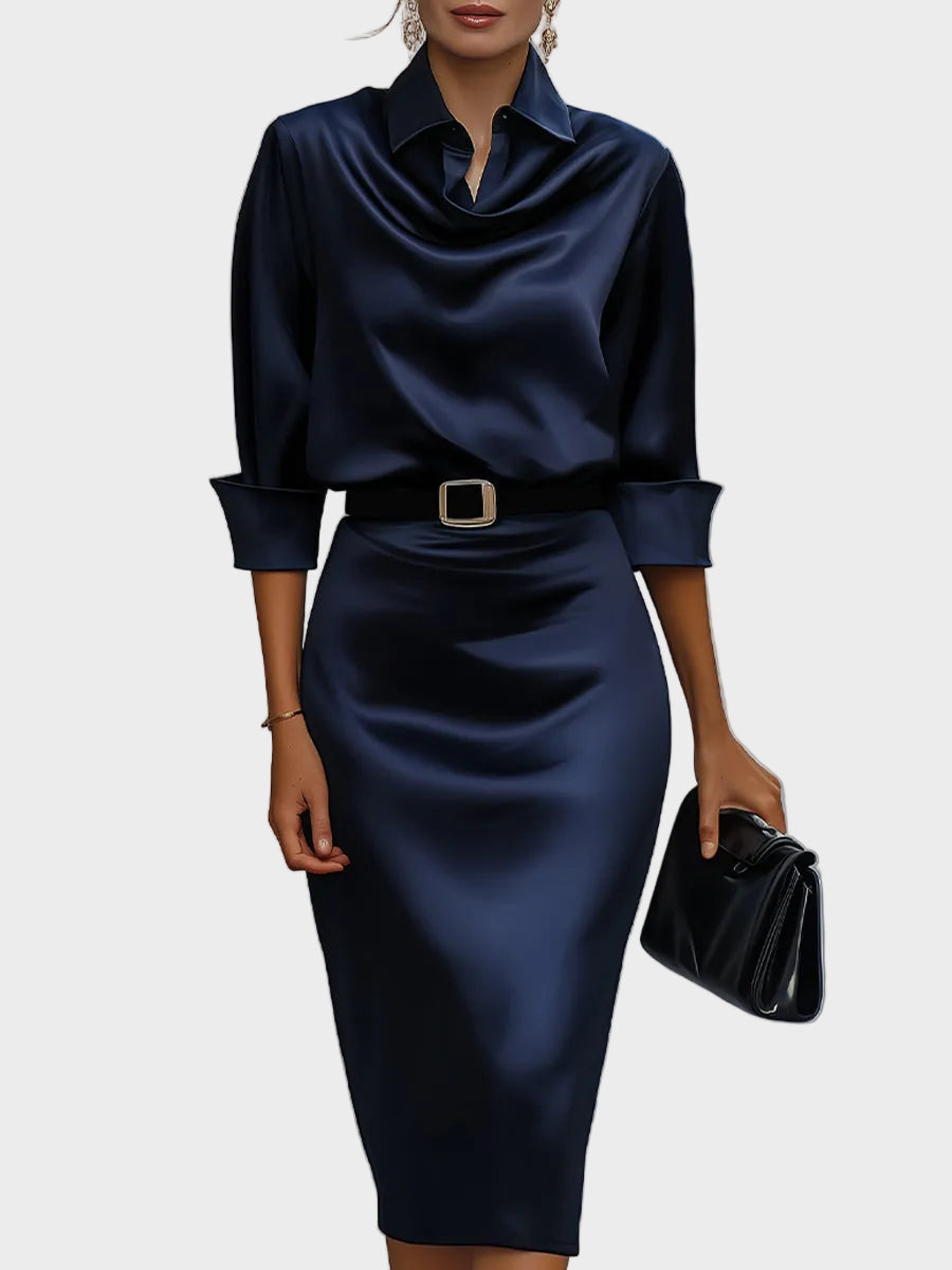 Delilah | Abito Midi in Satin Elegante con Collo Drappeggiato e Cintura Nera - Stile e Raffinatezza per Ogni Occasione!