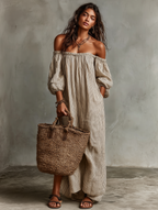 Carmen | Abito Lungo in Cotone e Lino con Design Off-the-Shoulder - Eleganza Estiva