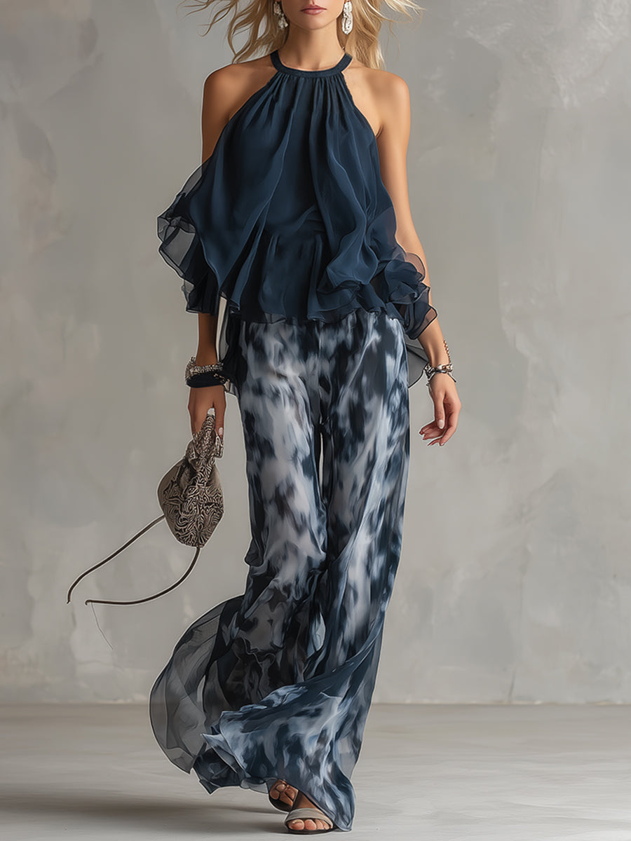 Ludovica | Set Chic in Chiffon con Top a Collo Alto e Pantaloni Larghi Stampati - Eleganza e Comfort