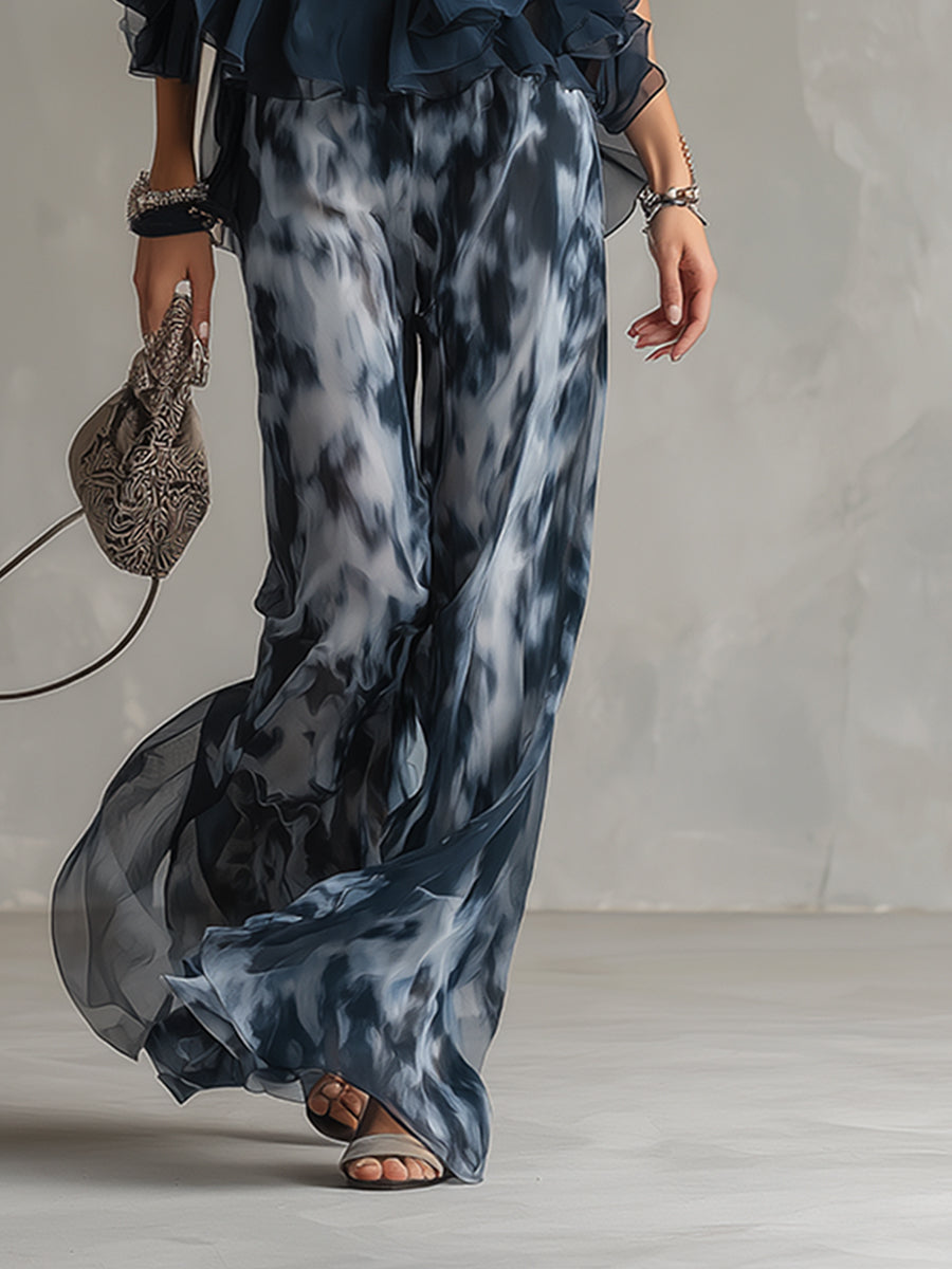Ludovica | Set Chic in Chiffon con Top a Collo Alto e Pantaloni Larghi Stampati - Eleganza e Comfort