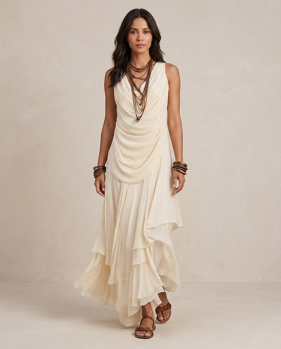 CLARA | Maxi Abito Crema con Balze Eleganti