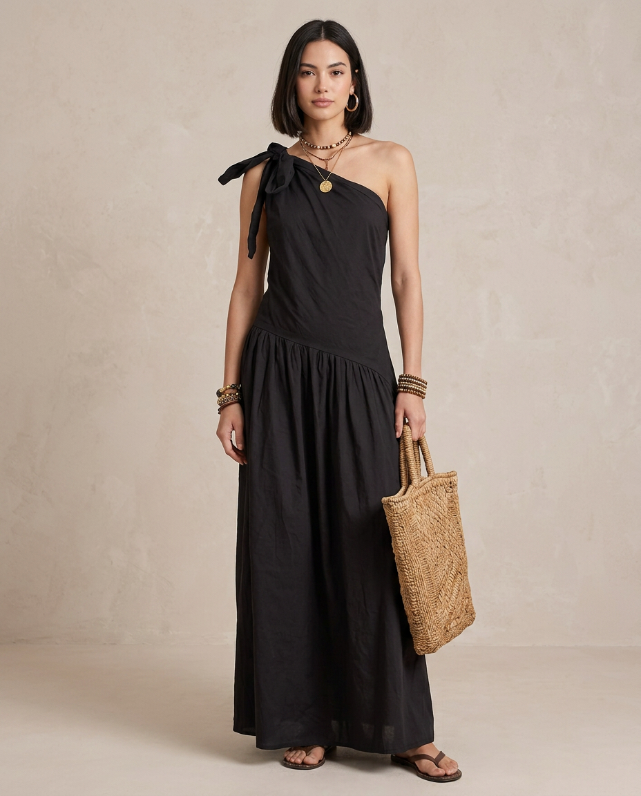 SELENA | Maxi Abito Monospalla Nero - Eleganza Unica per Ogni Occasione