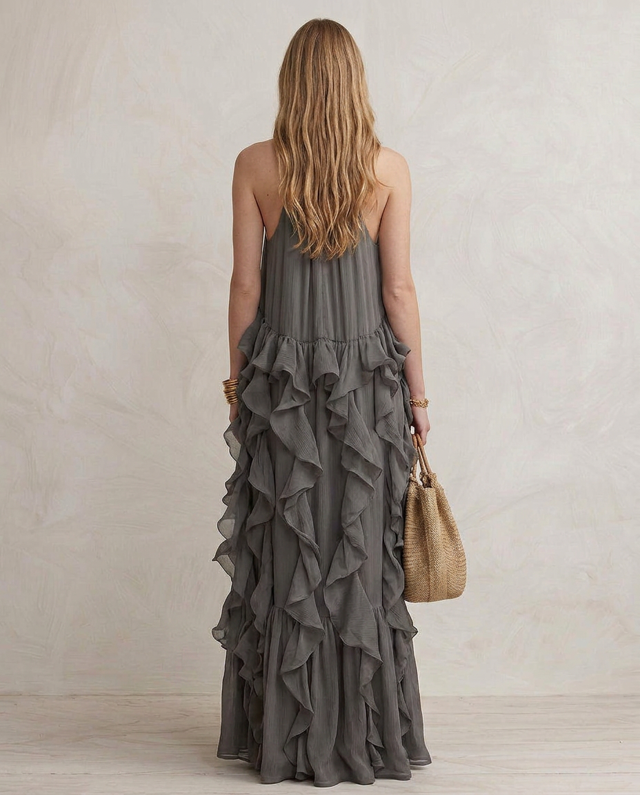 SERENA | Maxi Abito Grigio con Balze - Eleganza e Stile per Ogni Occasione!