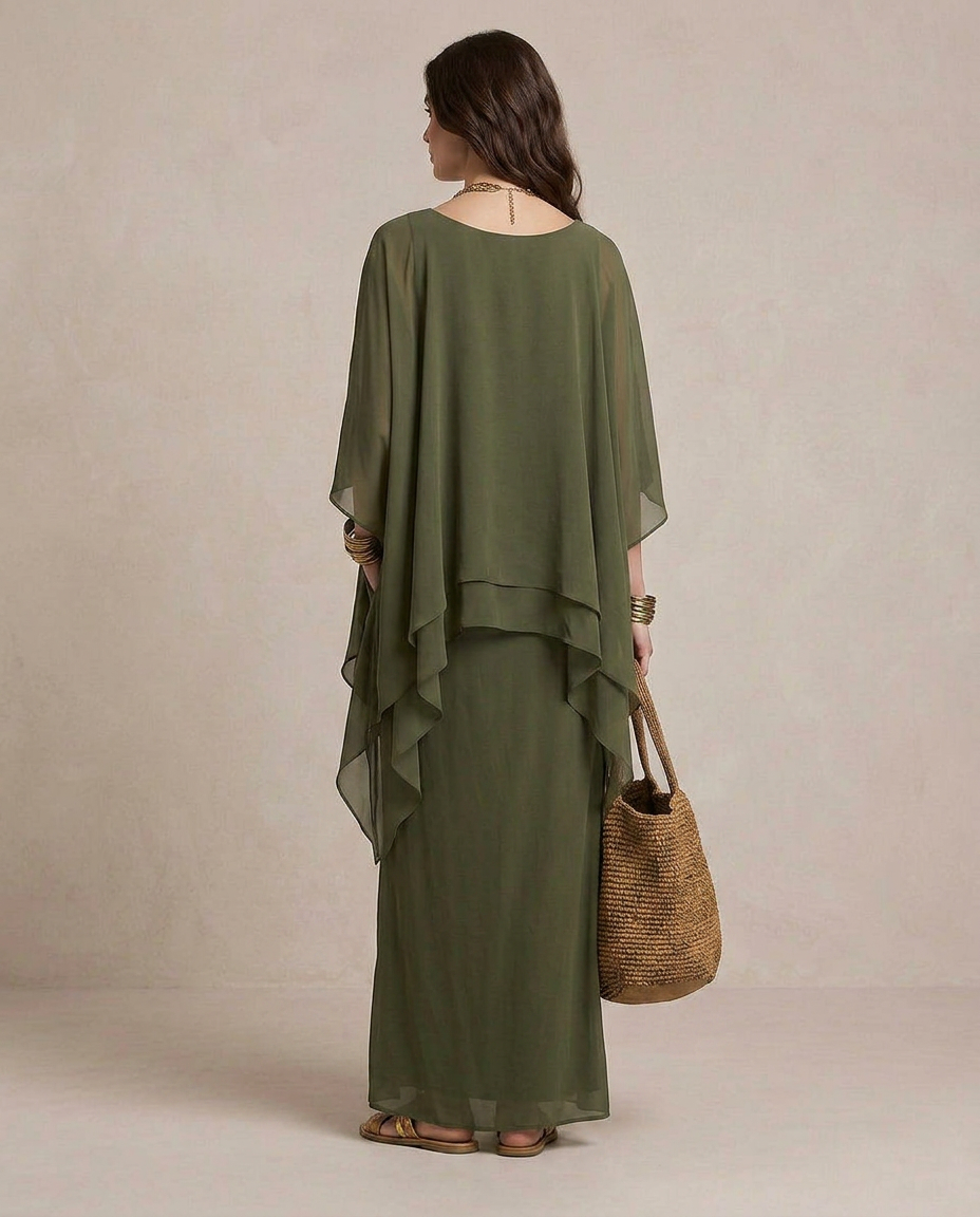 LIA | Maxi Abito Sovrapposto Verde Oliva - Eleganza e Stile Unici!