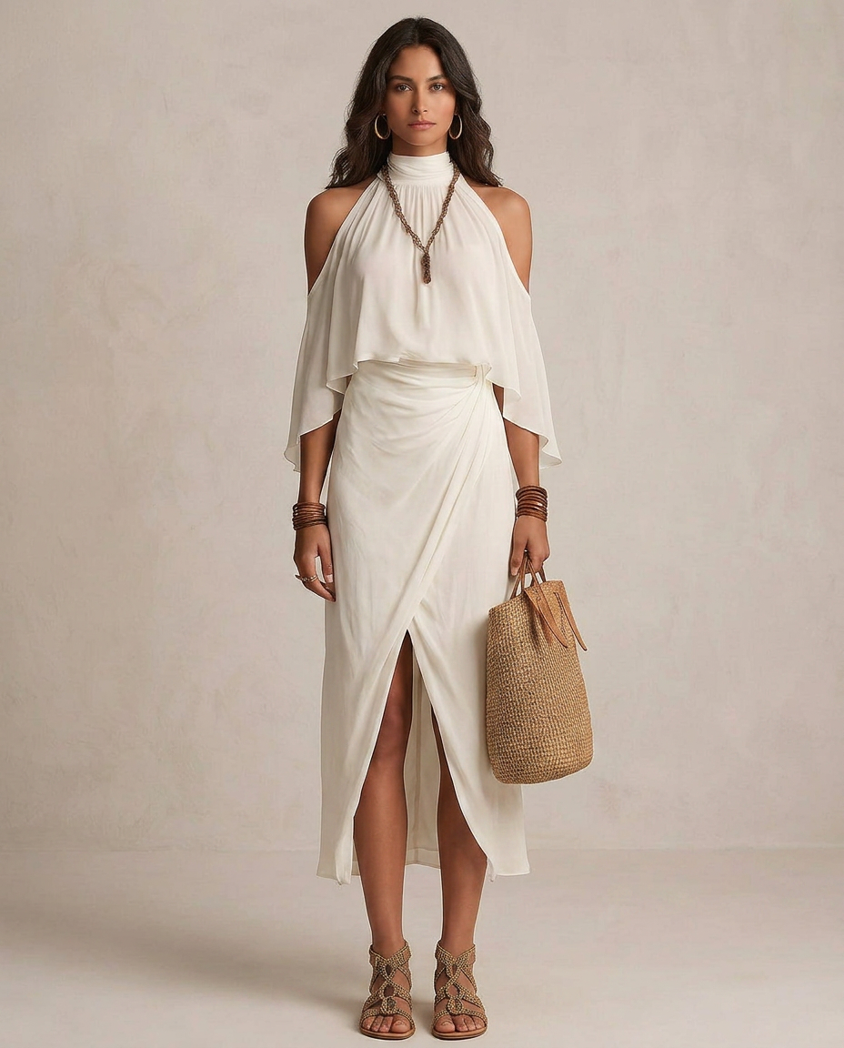 VALENTINA | Abito Midi Halter Drappeggiato in Avorio - Eleganza senza Tempo