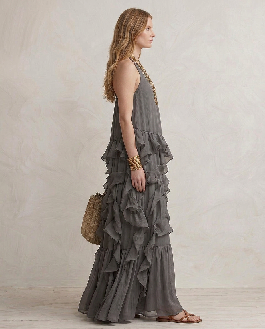 SERENA | Maxi Abito Grigio con Balze - Eleganza e Stile per Ogni Occasione!