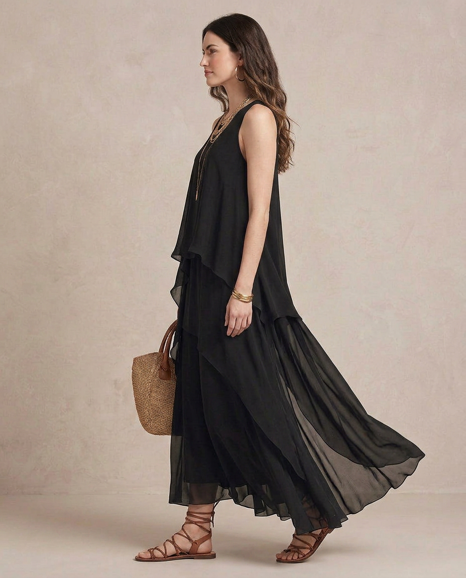 NOEMI | Maxi Abito Boho in Chiffon Nero a Strati - Eleganza e Stile Unici!