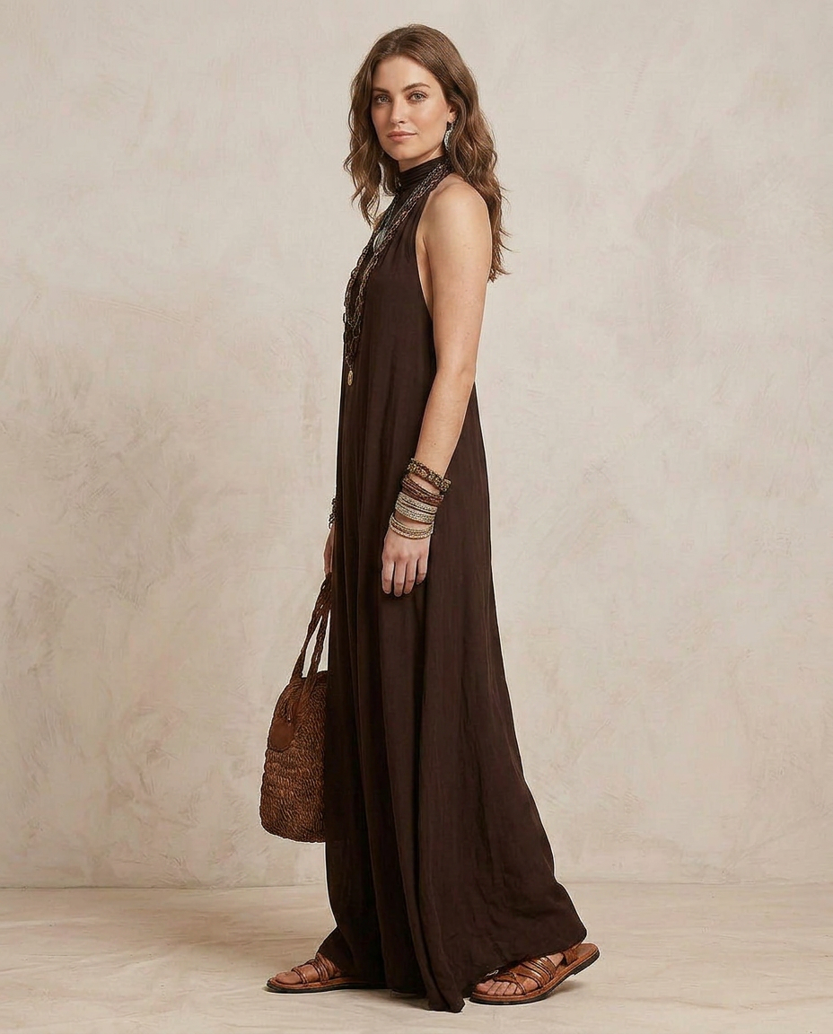 CAMILLA | Maxi Abito Halter in Marrone Scuro - Eleganza senza Tempo