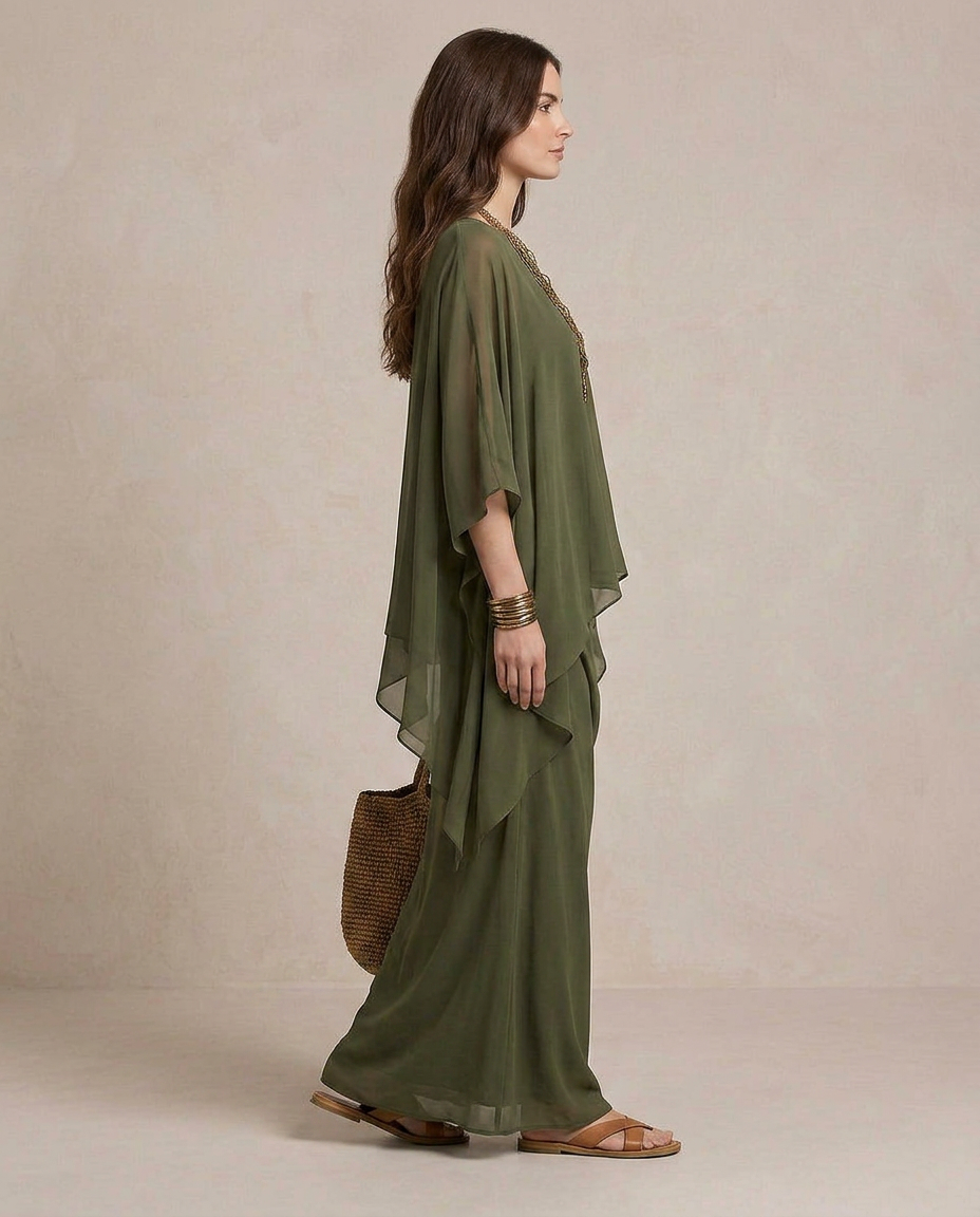 LIA | Maxi Abito Sovrapposto Verde Oliva - Eleganza e Stile Unici!