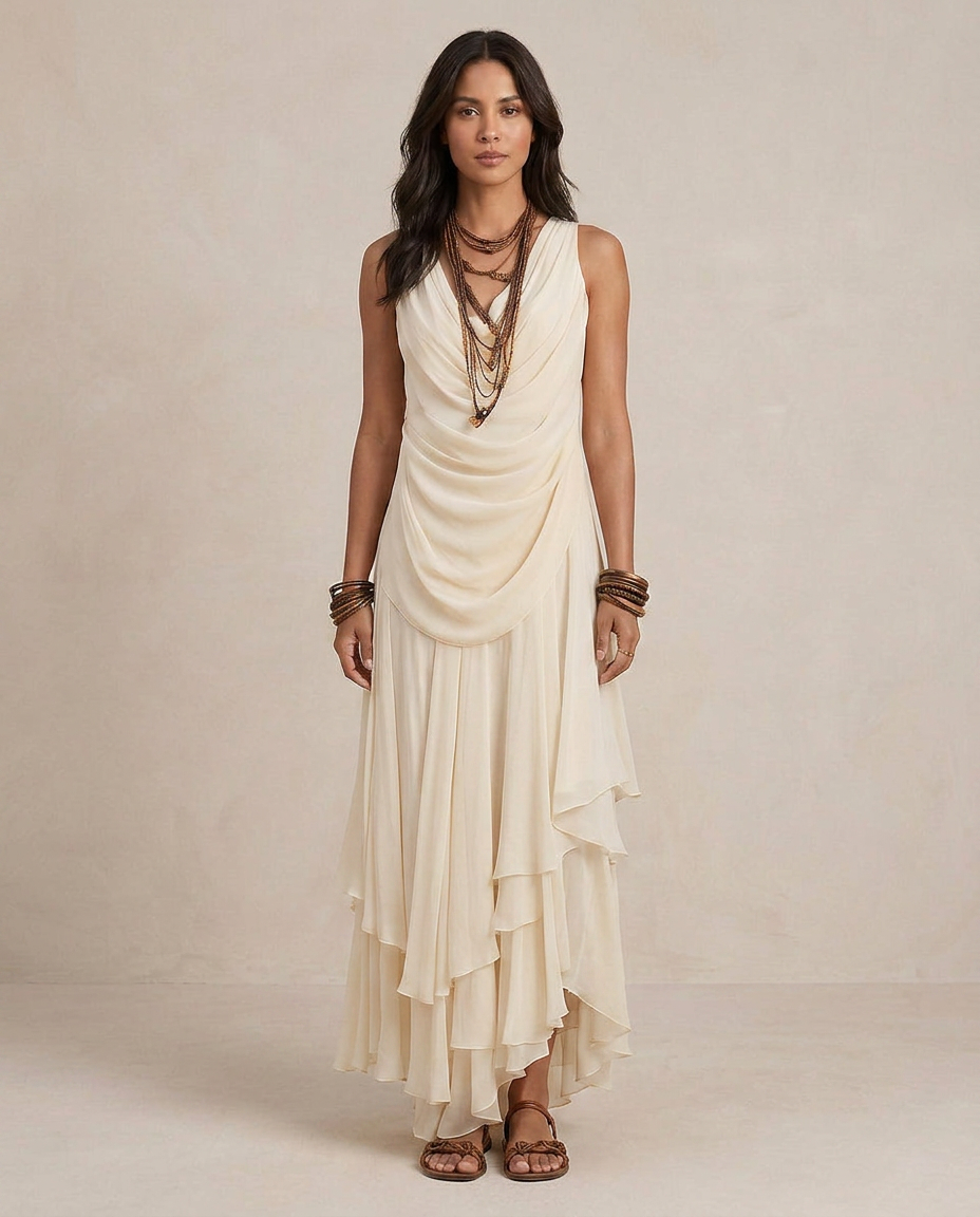 CLARA | Maxi Abito Crema con Balze Eleganti