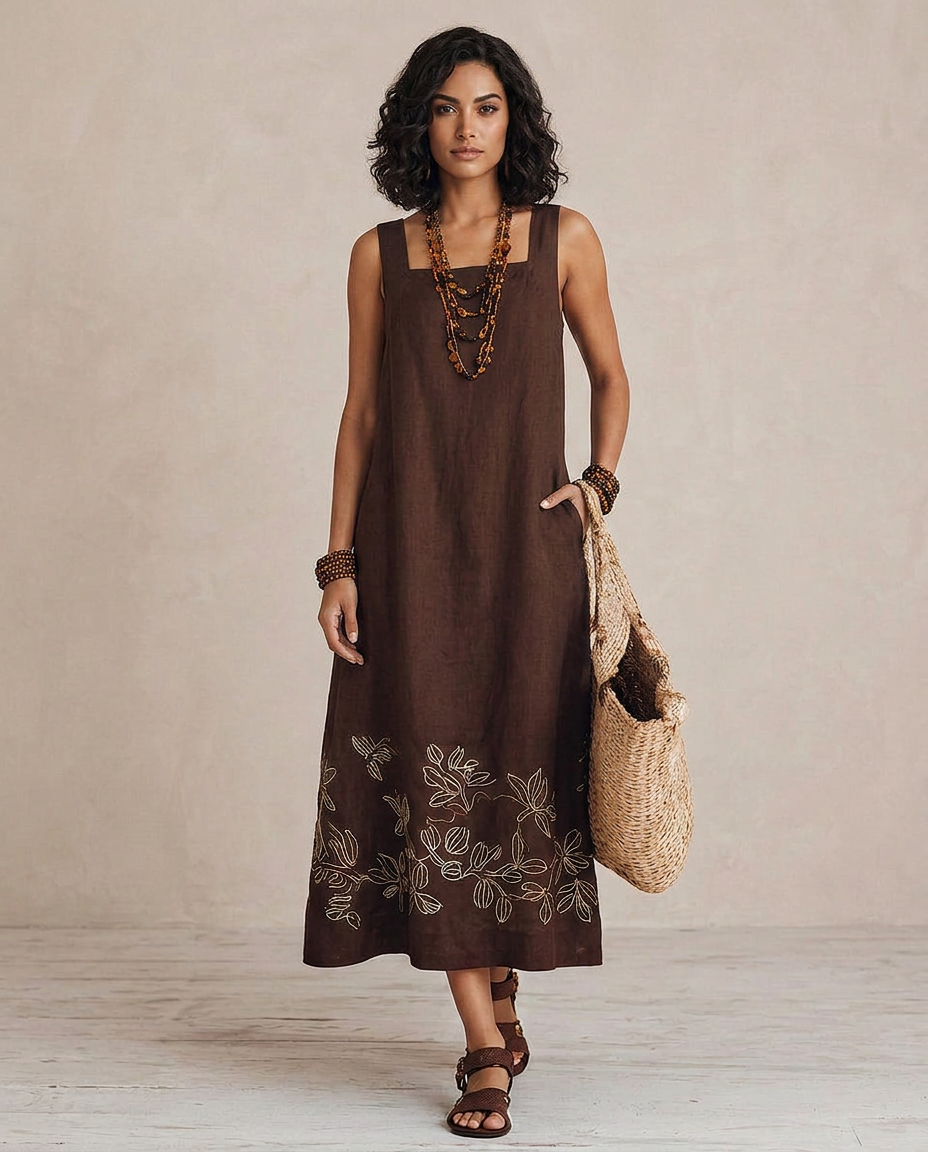 NOEMI | Abito Midi in Lino Boho Ricamato - Eleganza Naturale per Ogni Occasione!