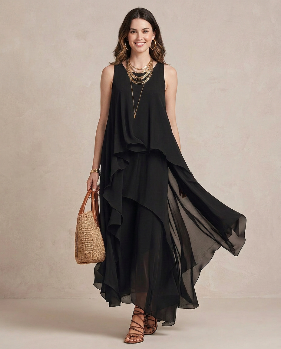 NOEMI | Maxi Abito Boho in Chiffon Nero a Strati - Eleganza e Stile Unici!
