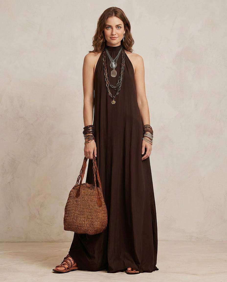 CAMILLA | Maxi Abito Halter in Marrone Scuro - Eleganza senza Tempo