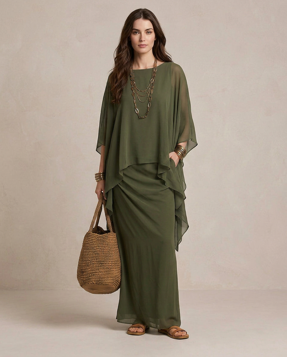 LIA | Maxi Abito Sovrapposto Verde Oliva - Eleganza e Stile Unici!